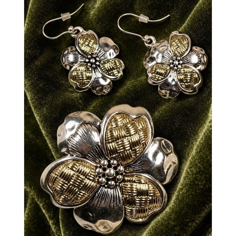 Vintage Two Tone Flower Pendant & Dangle Earrings Set Silver Gold Tone NWOT